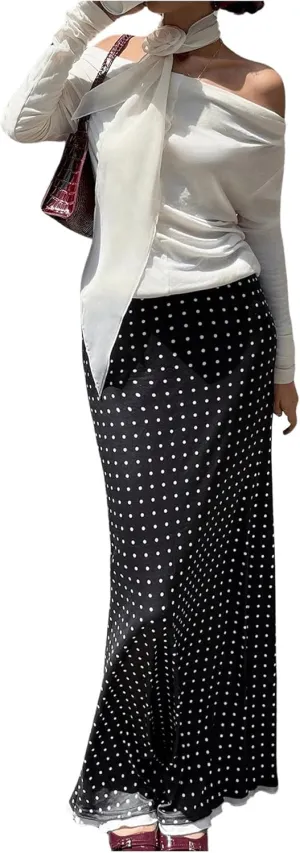 Verdusa Women's Polka Dots Maxi Skirt Low Rise Contrast Trim Long Fishtail Skirt