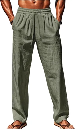Vickyleb Mens Cotton Linen Pants Casual Straight Legs Loose Summer Beach Loose Trousers with Elastic Waist Drawstring