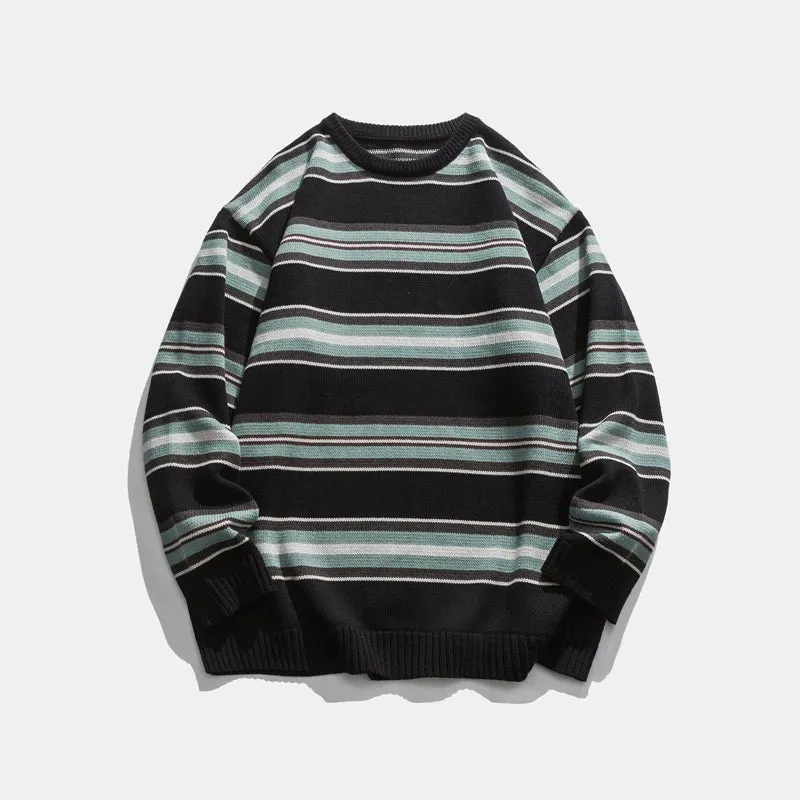 WIAOFELLAS  -  CityBoy Japanese tide color matching striped loose sweater crew neck pullover sweater
