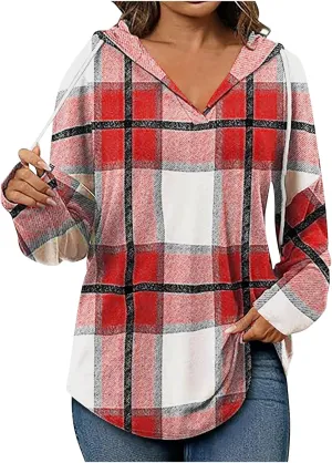 Women 2024 Hoodies Long Sleeve Drawstring Plaid Hooded Pullover Sweaters Causl Loose Tunic Tops Fashion on Clothes Red M
