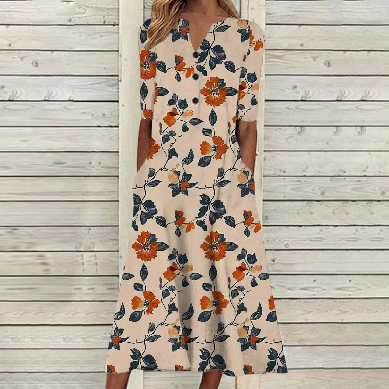 Women Boho Floral Print Midi Dress Summer Short Sleeve V Neck A-Line Dresses 2025 Casual Fashion Beach Shirt Dress