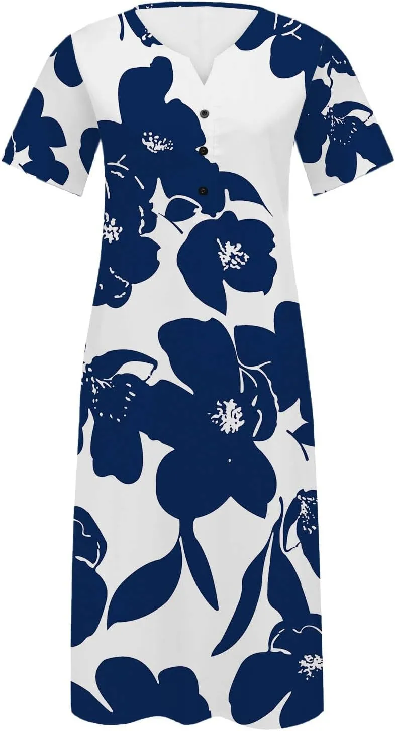 Women Boho Floral Print Midi Dress Summer Short Sleeve V Neck A-Line Dresses 2025 Casual Fashion Beach Shirt Dress