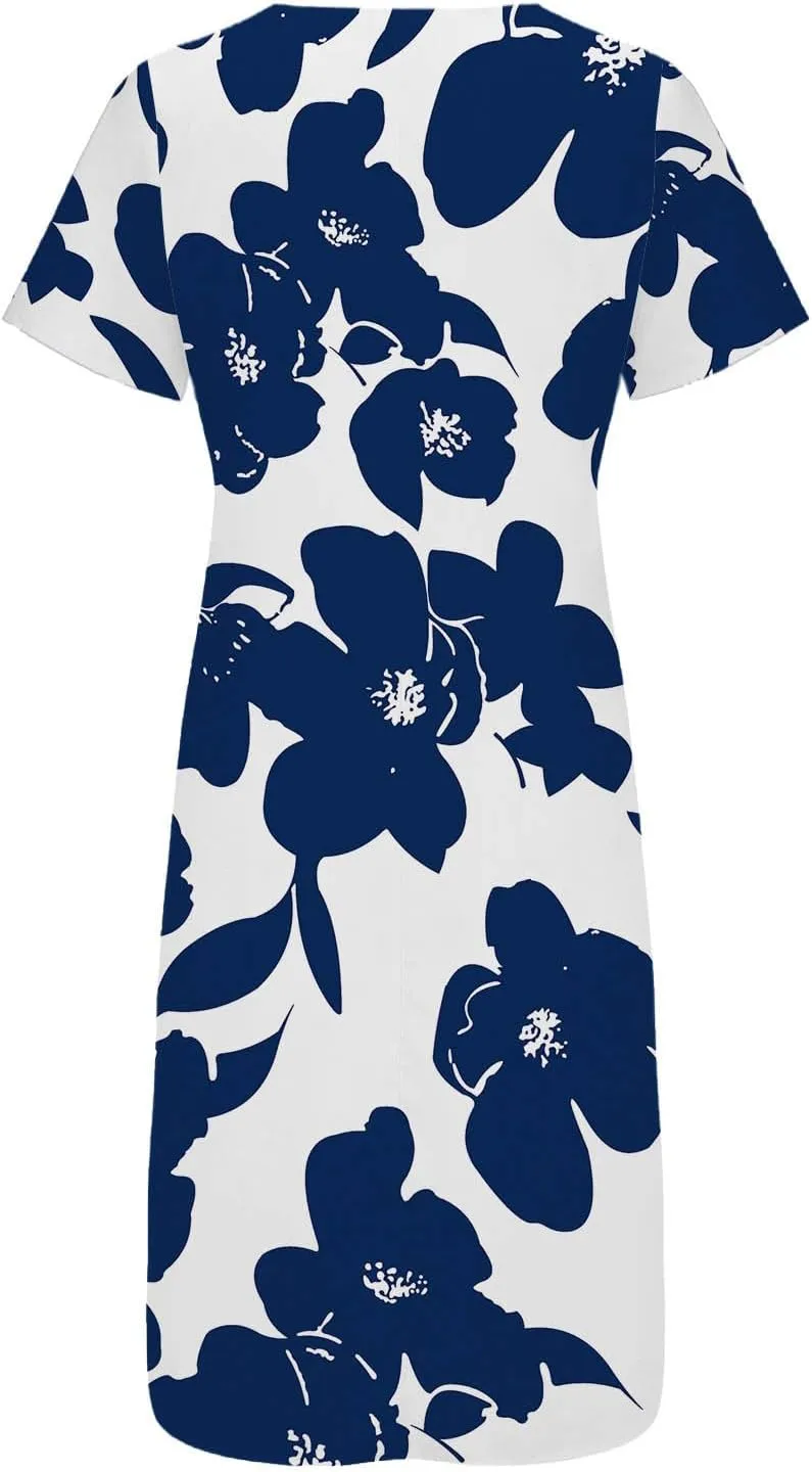 Women Boho Floral Print Midi Dress Summer Short Sleeve V Neck A-Line Dresses 2025 Casual Fashion Beach Shirt Dress