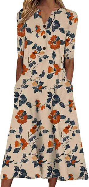 Women Boho Floral Print Midi Dress Summer Short Sleeve V Neck A-Line Dresses 2025 Casual Fashion Beach Shirt Dress