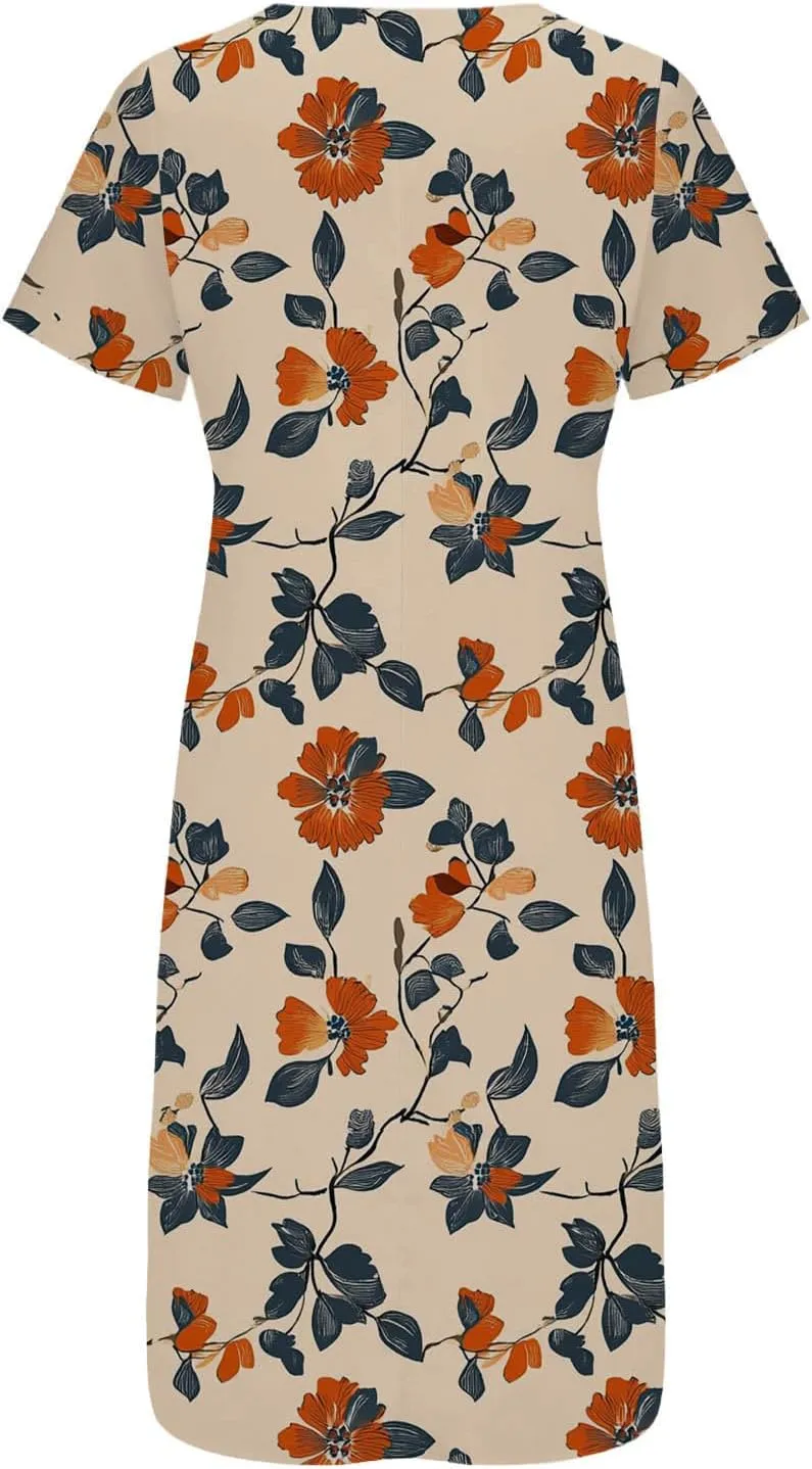 Women Boho Floral Print Midi Dress Summer Short Sleeve V Neck A-Line Dresses 2025 Casual Fashion Beach Shirt Dress