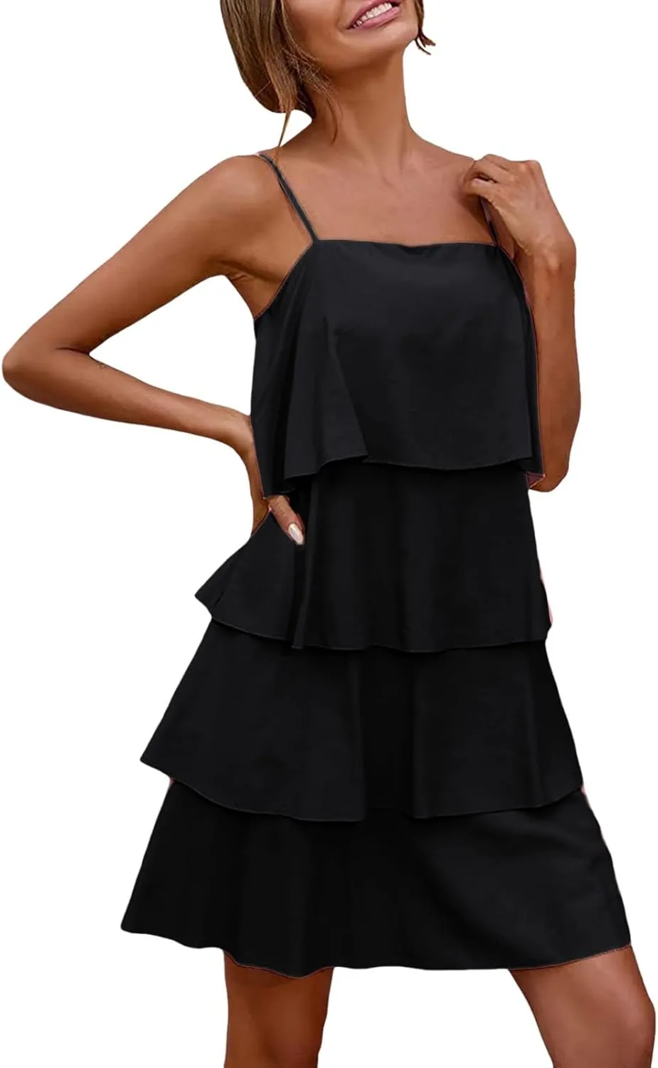 Women Boho Solid Dress Summer Ruffle Layered Flutter Halter Dress Fashion Sleeveless Beach Dress Sundresses