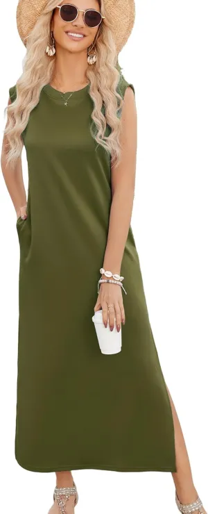 Women Casual Dress with Pockets Summer Dress Beach Maxi Dress Cap Sleeve Sundress Tank Long Dress Army Green X-Large