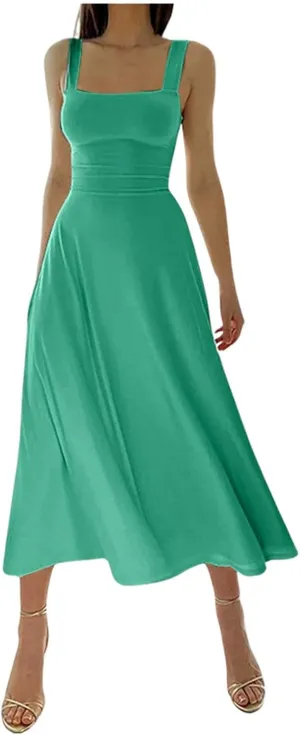 Women Casual Summer Dress Pleated Sundress Loose Split Tank Dress Long Beach Travel 2025 Vacation Dress
