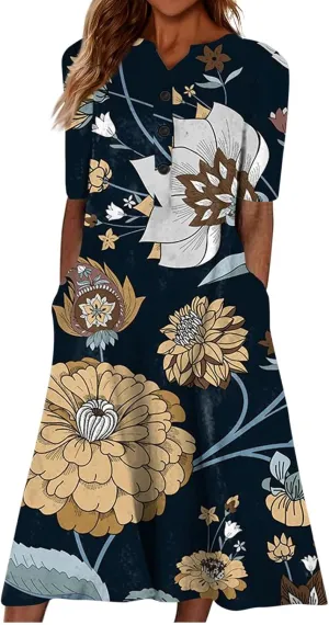 Women Casual Summer Stripe Button V Neck Sleeveless Pocket Long Dress Holiday Dress Floral Beach Party Sundress Midi Dress