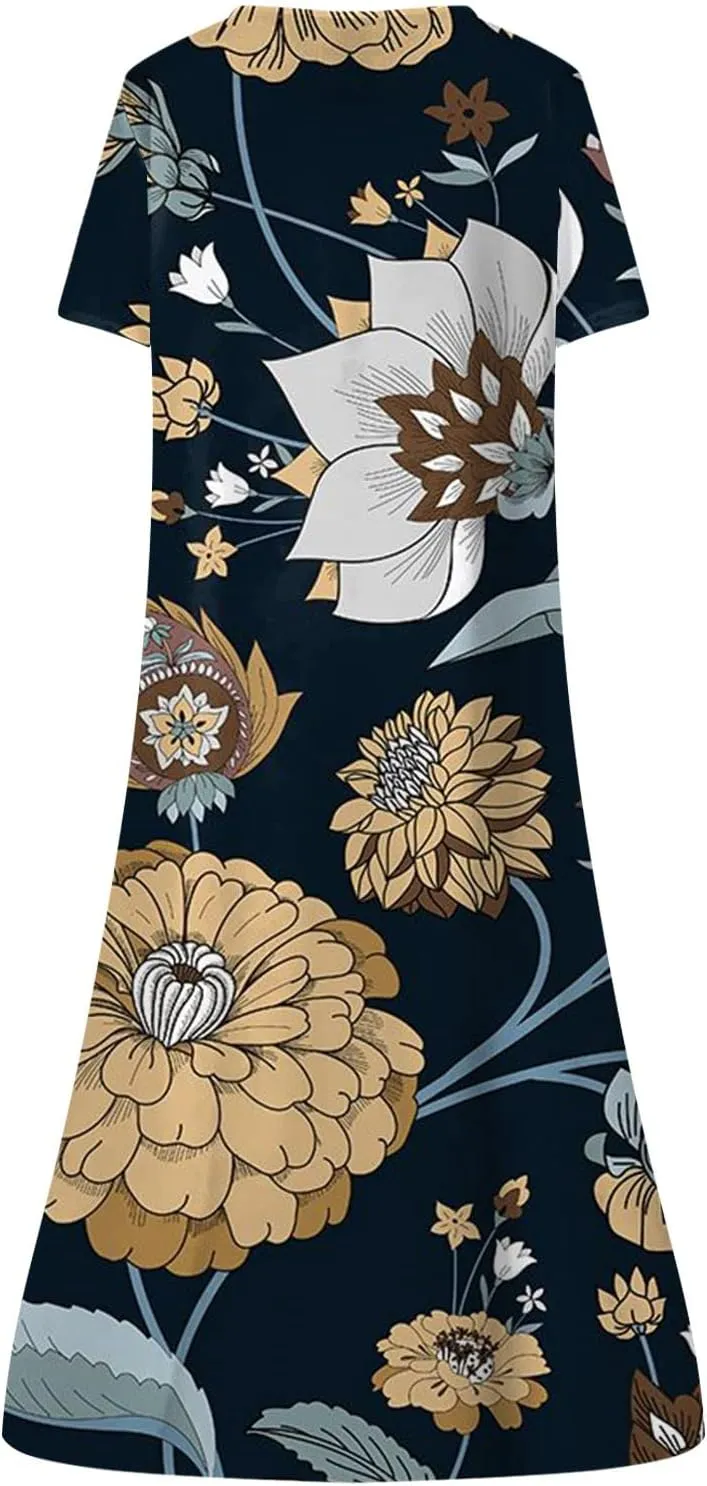Women Casual Summer Stripe Button V Neck Sleeveless Pocket Long Dress Holiday Dress Floral Beach Party Sundress Midi Dress