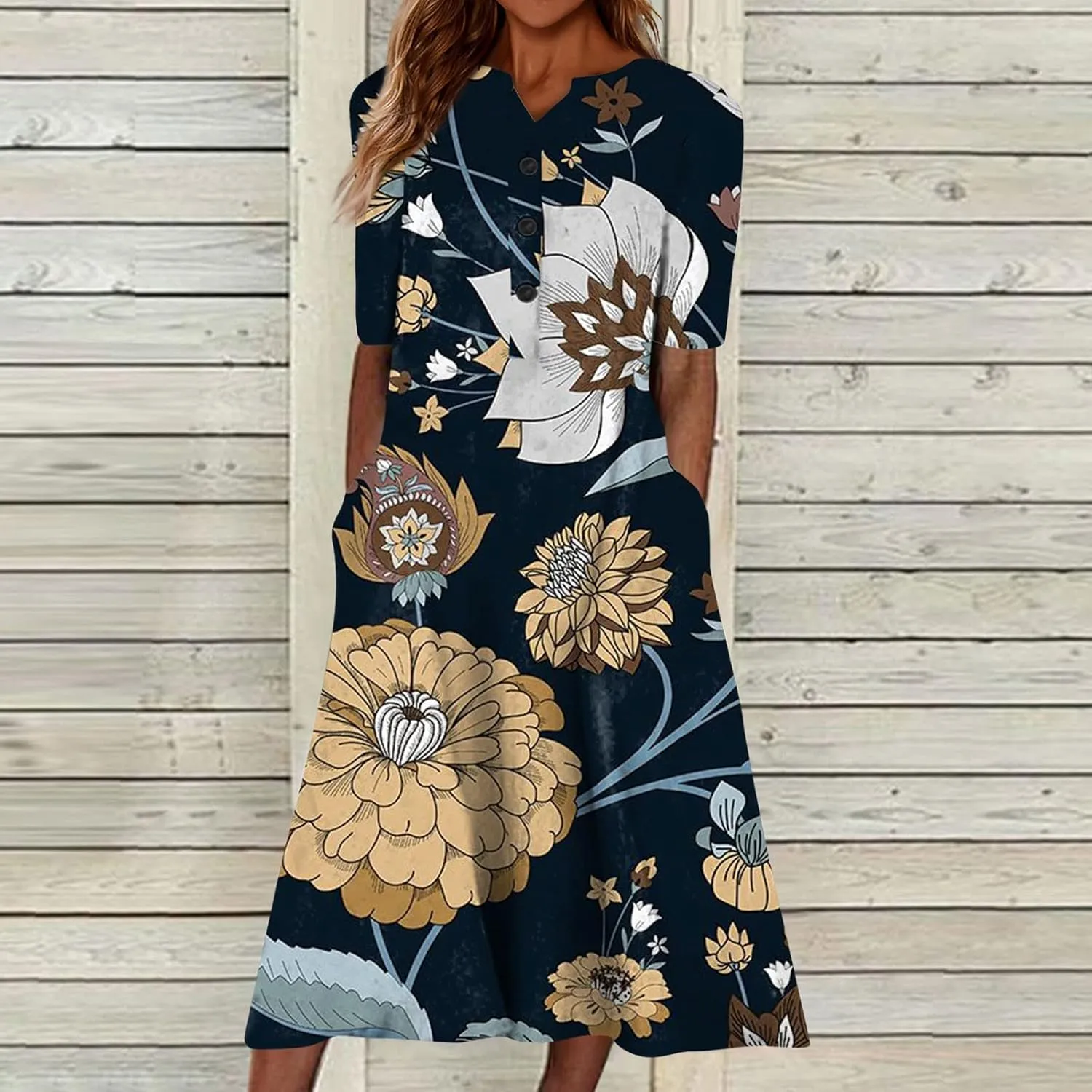 Women Casual Summer Stripe Button V Neck Sleeveless Pocket Long Dress Holiday Dress Floral Beach Party Sundress Midi Dress