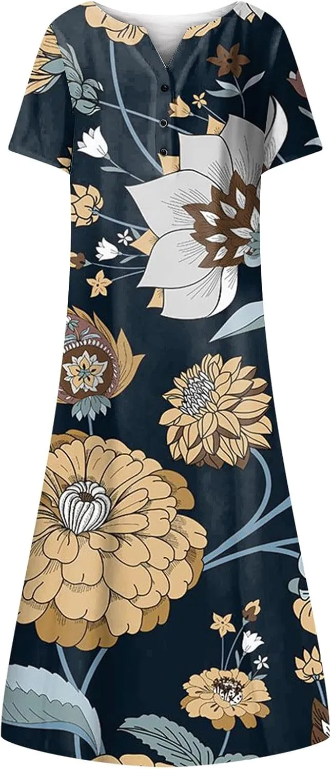 Women Casual Summer Stripe Button V Neck Sleeveless Pocket Long Dress Holiday Dress Floral Beach Party Sundress Midi Dress