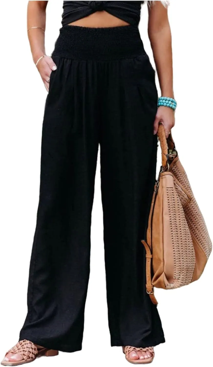 Women Casual Wide Leg Pants Lotus and Luna Pants Elastic High Waist Wide Leg Yoga Trousers with Pockets