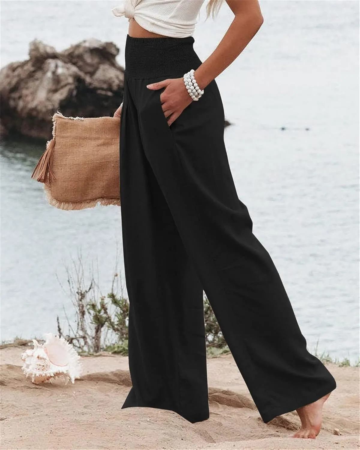 Women Casual Wide Leg Pants Lotus and Luna Pants Elastic High Waist Wide Leg Yoga Trousers with Pockets