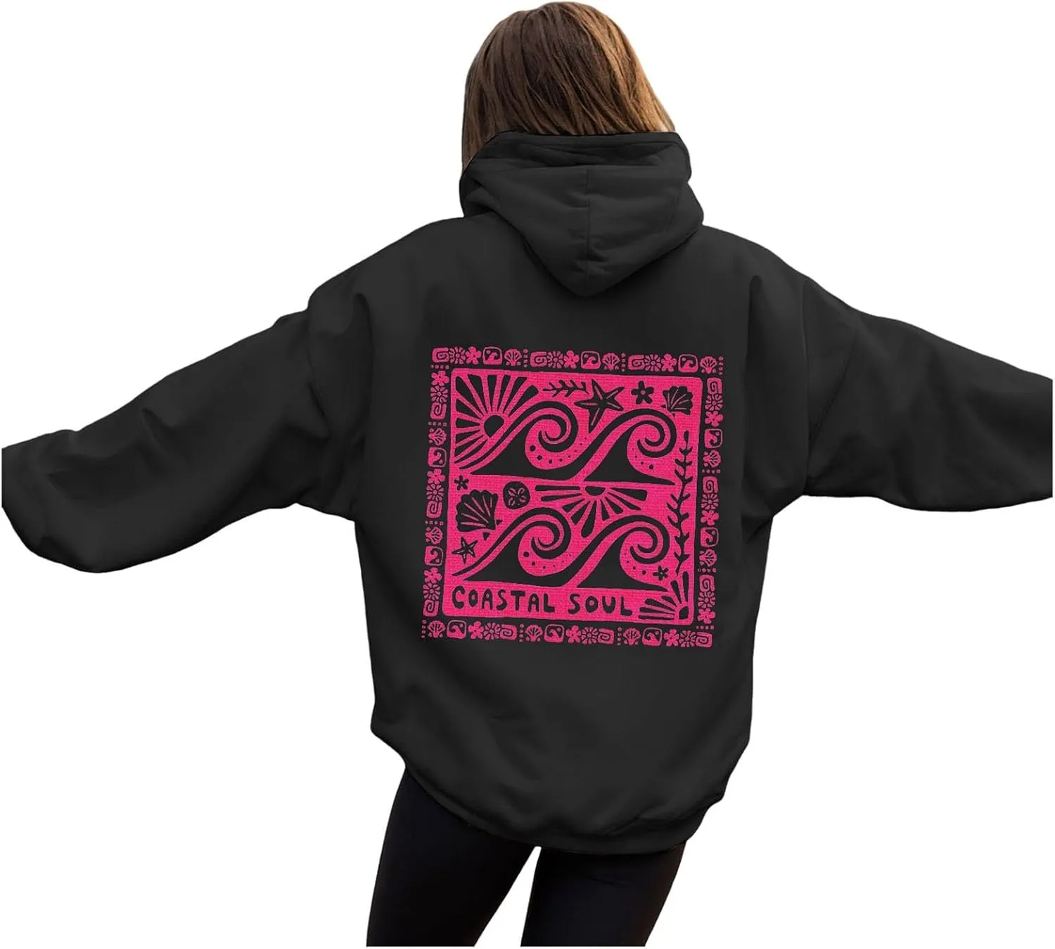 Women Cute Flower Print Hoodie Comfy Preppy Hooded Sweatshirt for Teen Girls Long Sleeve Drawstring Oversized Pullover Tops