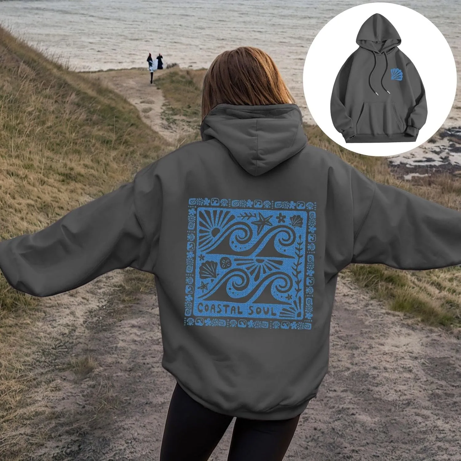 Women Cute Flower Print Hoodie Comfy Preppy Hooded Sweatshirt for Teen Girls Long Sleeve Drawstring Oversized Pullover Tops