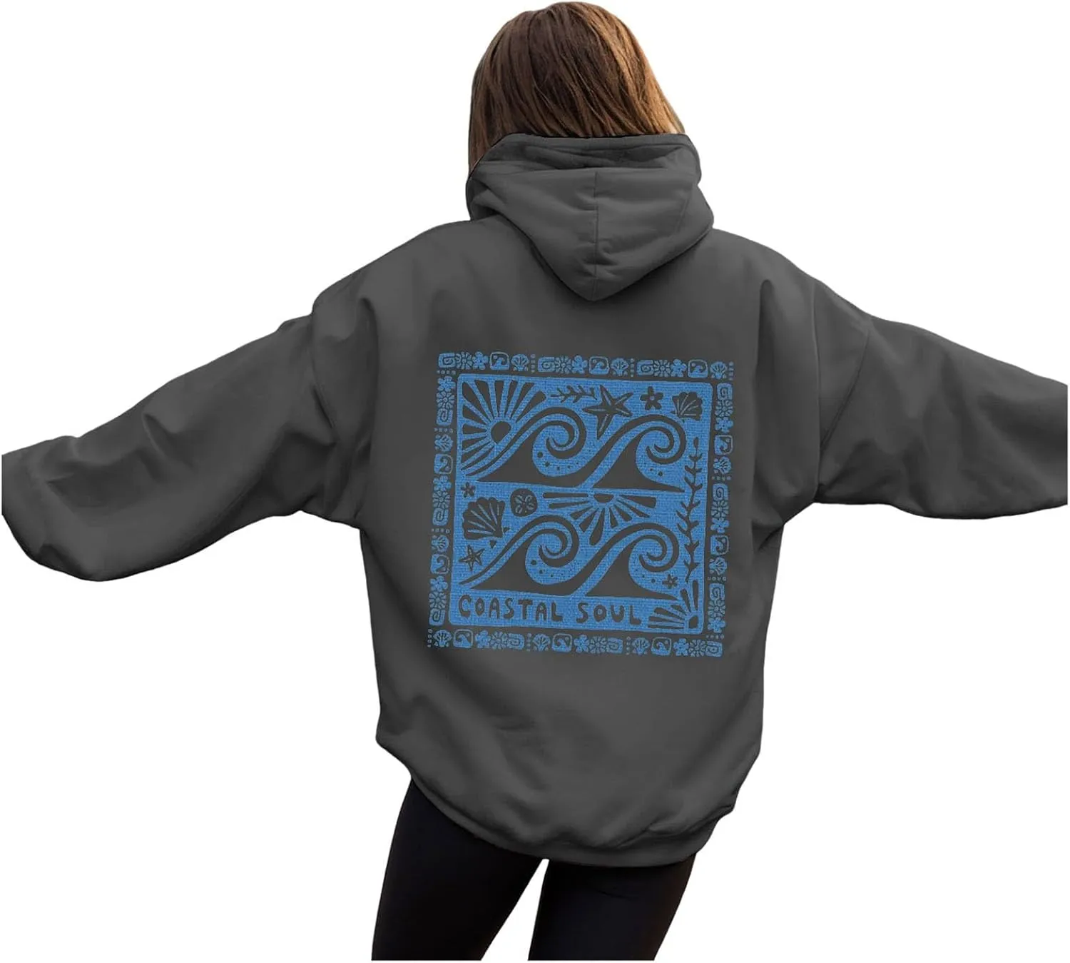 Women Cute Flower Print Hoodie Comfy Preppy Hooded Sweatshirt for Teen Girls Long Sleeve Drawstring Oversized Pullover Tops