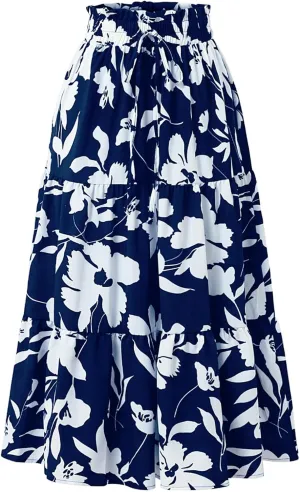 Women Floral Midi Skirt Aline Pleated Long Skirt Summer Boho Skirt