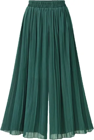 Women Flowy Chiffon Pleated Palazzo Pants Summer High Waist Wide Leg Capri Pant Culottes Elegant Dancing Cropped Trousers