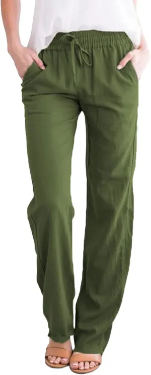 Women Linen Blend Summer Print Pants Elastic Waisted Straight Slim Fit Pant Trousers Work Business