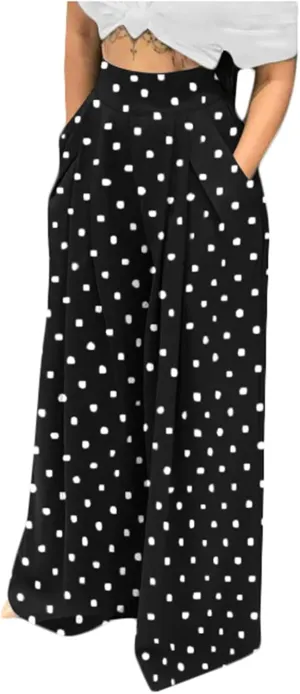 Women Polka Dots Oversized Straight Leg Baggy Pants Stretch High Waist Summer Fashion Casual Trousers with Pockets