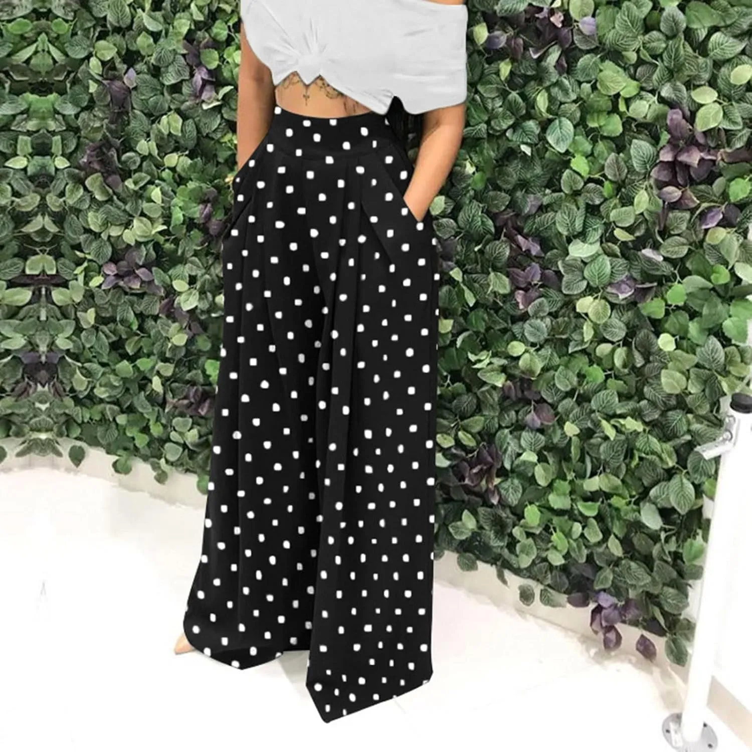 Women Polka Dots Oversized Straight Leg Baggy Pants Stretch High Waist Summer Fashion Casual Trousers with Pockets