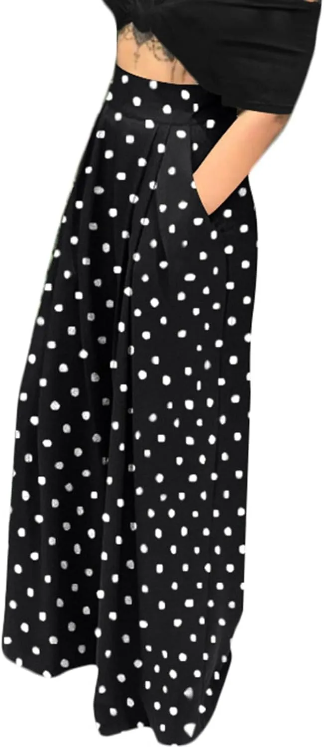 Women Polka Dots Oversized Straight Leg Baggy Pants Stretch High Waist Summer Fashion Casual Trousers with Pockets