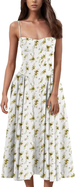 Women Sexy Sleeveless Off Shoulder Cami Dress Spaghetti Strap Corset Dress High Waist Casual Midi Evening Dress