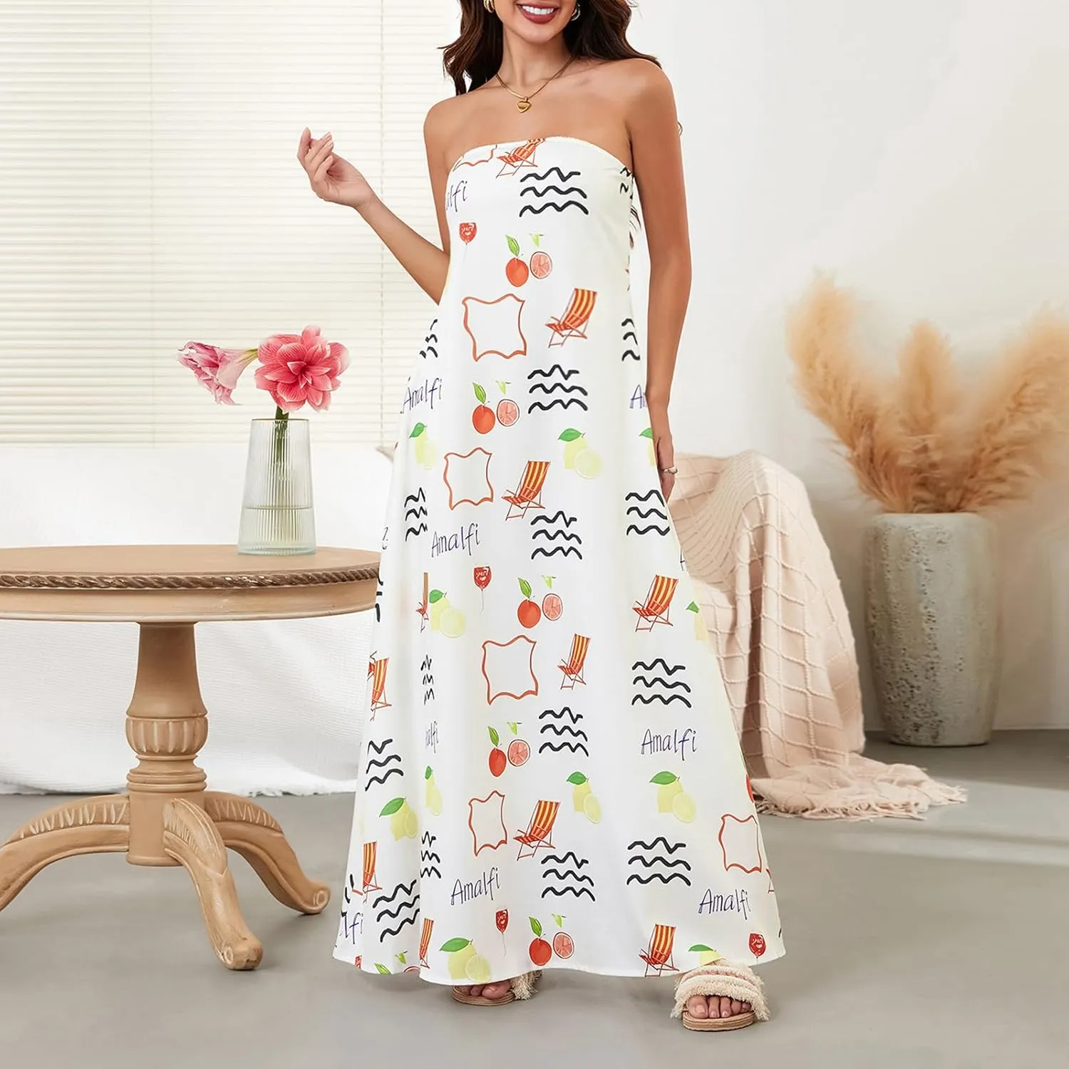 Women Strapless Tube Maxi Dress Y2k Sexy A Line Floral Long Dress Summer Beach Sundress Boho Dress