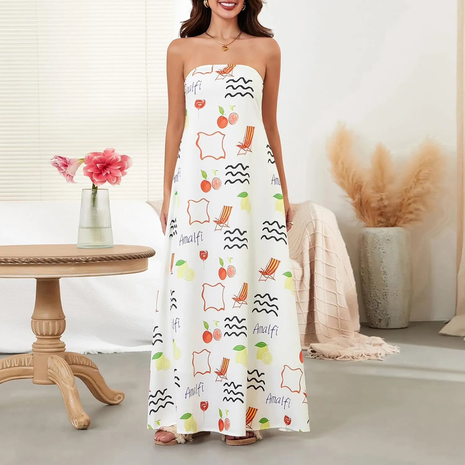 Women Strapless Tube Maxi Dress Y2k Sexy A Line Floral Long Dress Summer Beach Sundress Boho Dress