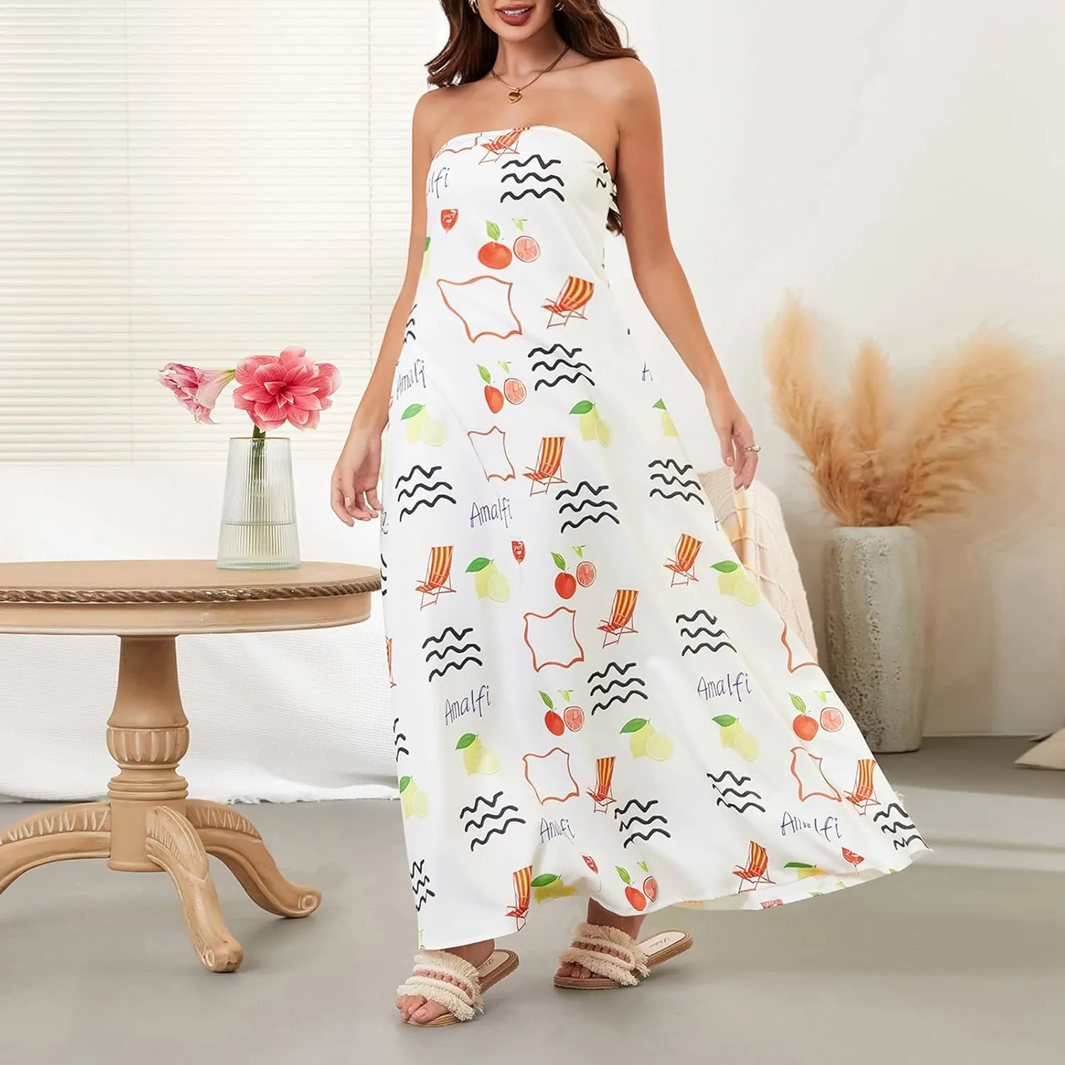 Women Strapless Tube Maxi Dress Y2k Sexy A Line Floral Long Dress Summer Beach Sundress Boho Dress