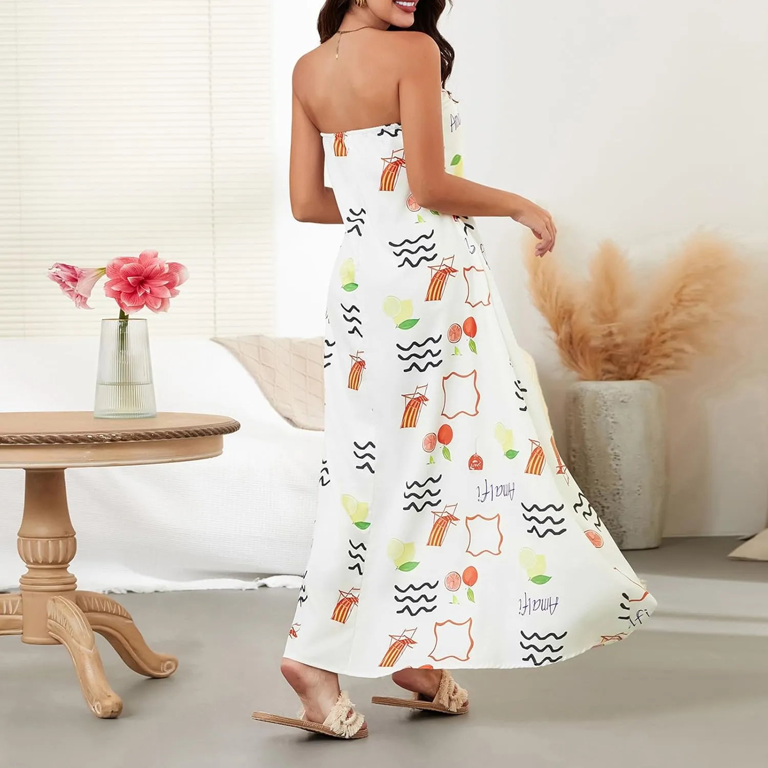 Women Strapless Tube Maxi Dress Y2k Sexy A Line Floral Long Dress Summer Beach Sundress Boho Dress