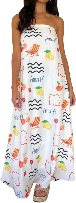 Women Strapless Tube Maxi Dress Y2k Sexy A Line Floral Long Dress Summer Beach Sundress Boho Dress