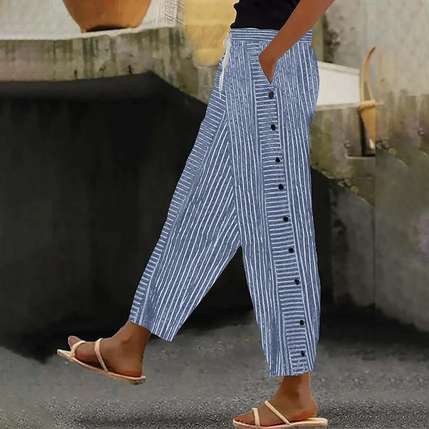 Women Stripe Cotton Linen Pants Straight Leg Side Button Multi-Pocket Fashion Trousers Street Hip Hop Y2K Casual Pant