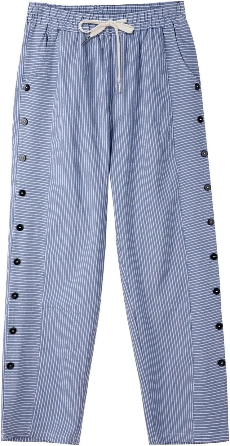 Women Stripe Cotton Linen Pants Straight Leg Side Button Multi-Pocket Fashion Trousers Street Hip Hop Y2K Casual Pant
