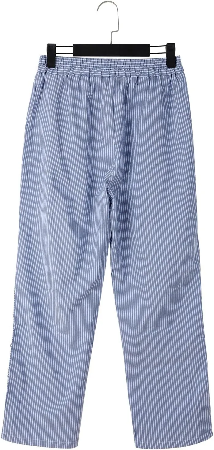 Women Stripe Cotton Linen Pants Straight Leg Side Button Multi-Pocket Fashion Trousers Street Hip Hop Y2K Casual Pant