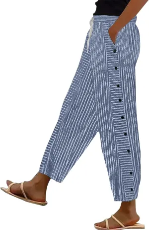 Women Stripe Cotton Linen Pants Straight Leg Side Button Multi-Pocket Fashion Trousers Street Hip Hop Y2K Casual Pant