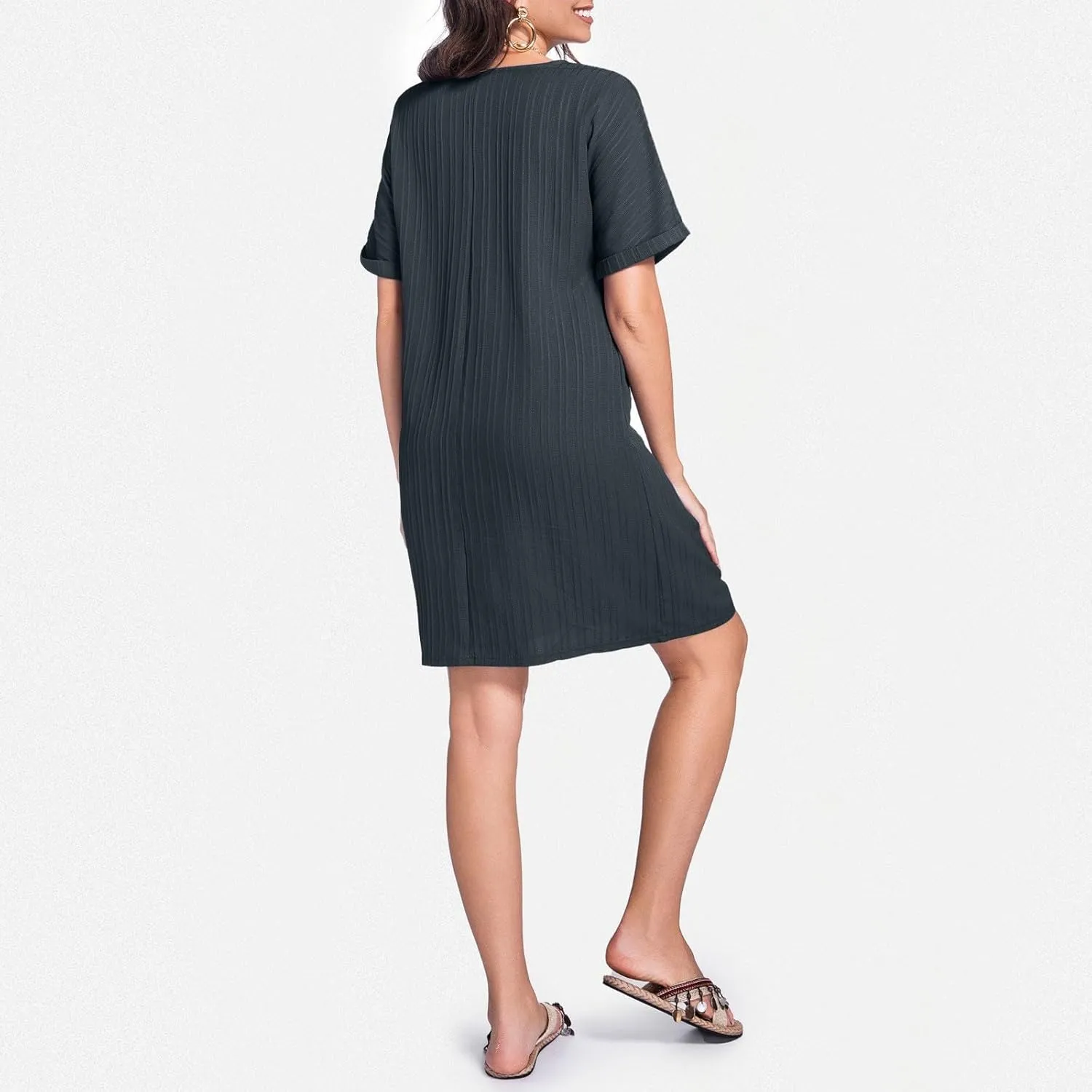 Women Summer Dresses 2024 Button V Neck Cap Sleeve Beach Sundress Casual Swing A Line Short Mini Dress