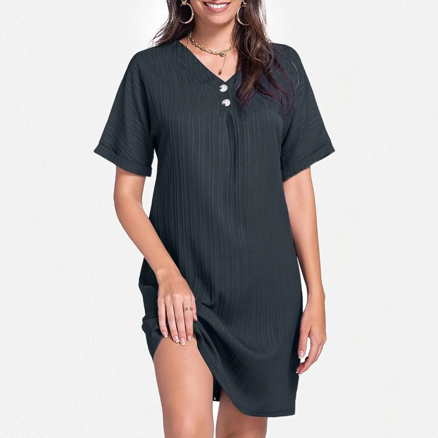 Women Summer Dresses 2024 Button V Neck Cap Sleeve Beach Sundress Casual Swing A Line Short Mini Dress