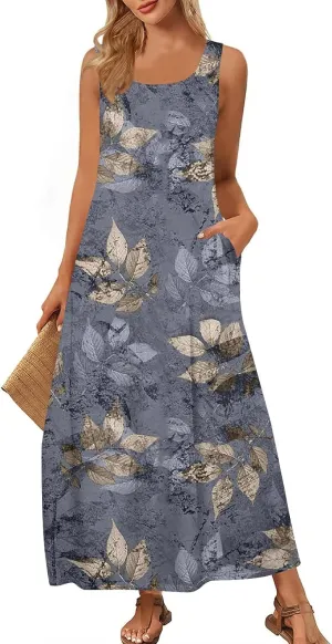 Women Summer Dresses 2025 Casual Round Neck Maxi Dress Sleeveless Floral Sundresses Beach Loose Tank Dress with Pockets