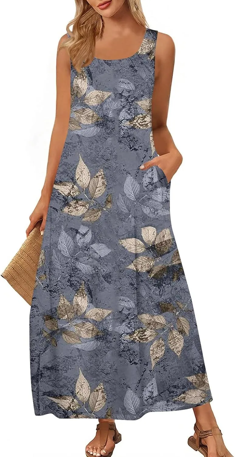 Women Summer Dresses 2025 Casual Round Neck Maxi Dress Sleeveless Floral Sundresses Beach Loose Tank Dress with Pockets