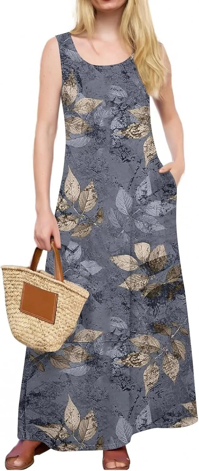 Women Summer Dresses 2025 Casual Round Neck Maxi Dress Sleeveless Floral Sundresses Beach Loose Tank Dress with Pockets