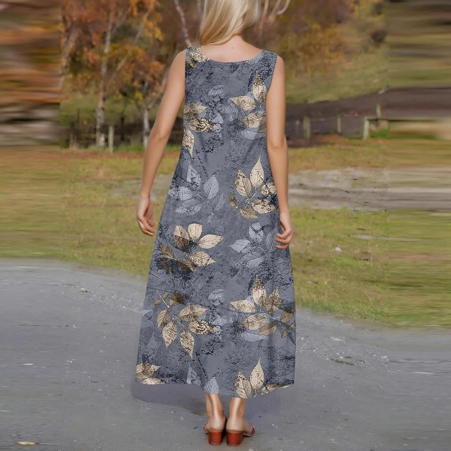 Women Summer Dresses 2025 Casual Round Neck Maxi Dress Sleeveless Floral Sundresses Beach Loose Tank Dress with Pockets