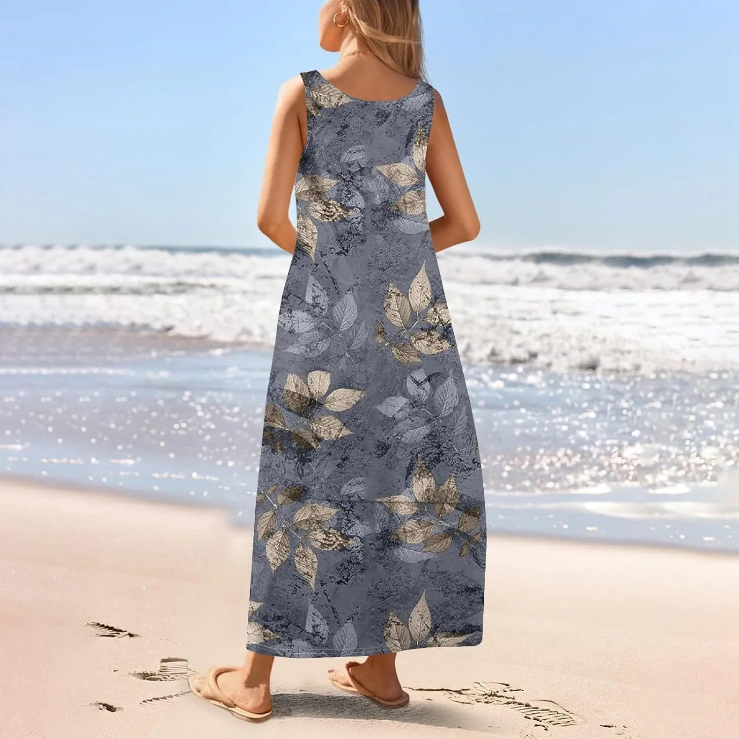 Women Summer Dresses 2025 Casual Round Neck Maxi Dress Sleeveless Floral Sundresses Beach Loose Tank Dress with Pockets