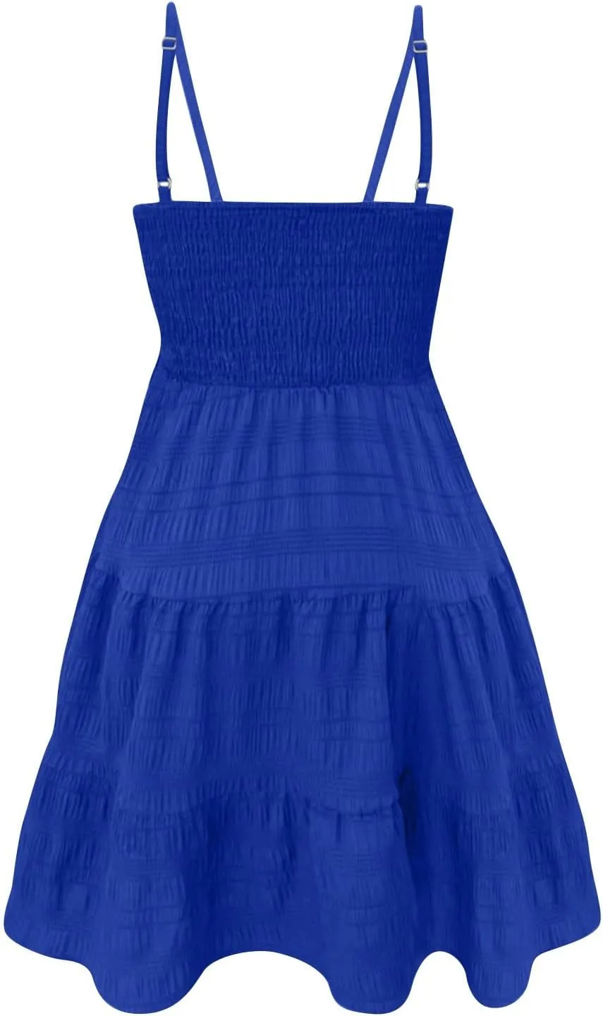 Women Summer Dresses Casual Boho Smocked Ruffles Babydoll Beach Mini Sundress Sleeveless Layered Flowy Swing Dress