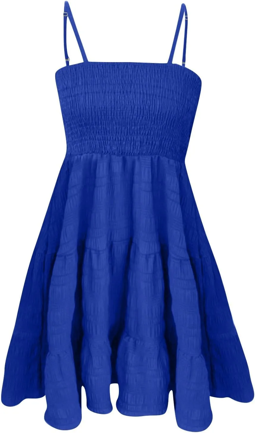 Women Summer Dresses Casual Boho Smocked Ruffles Babydoll Beach Mini Sundress Sleeveless Layered Flowy Swing Dress