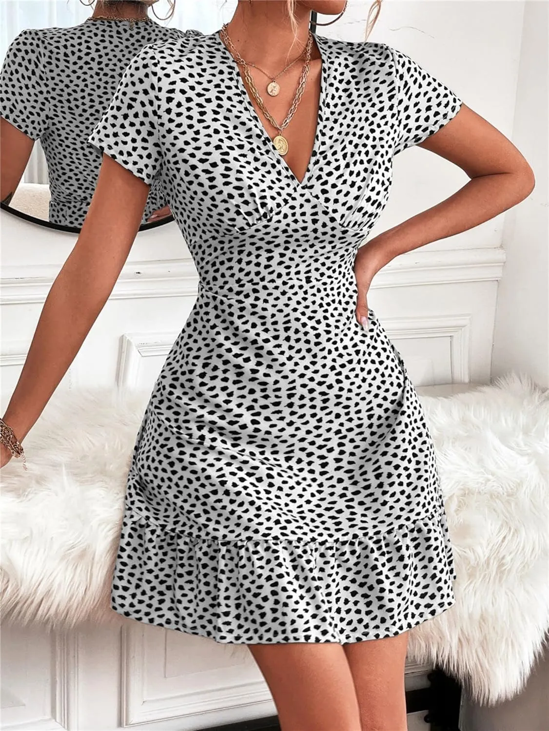 Women Summer Dresses Floral V-Neck Ruffle Hem Dress Short Sleeve Wrap Mini Dress Party Elegant Vintage A Line Dress