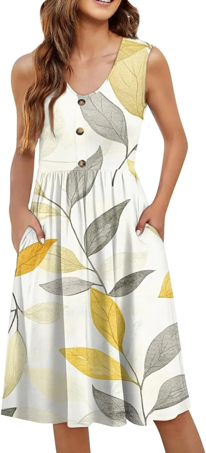 Women Summer Dresses Sleeveless Casual Loose Swing Button Down Midi Dress with Pockets Wedding Guest Dress