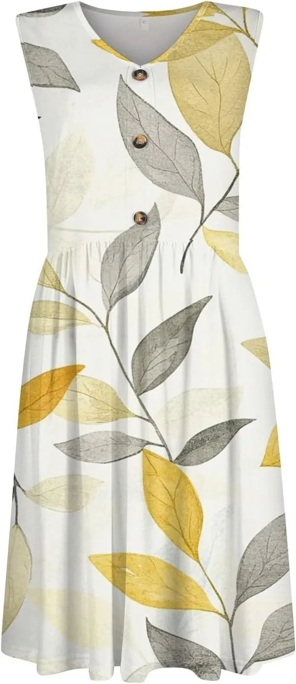 Women Summer Dresses Sleeveless Casual Loose Swing Button Down Midi Dress with Pockets Wedding Guest Dress