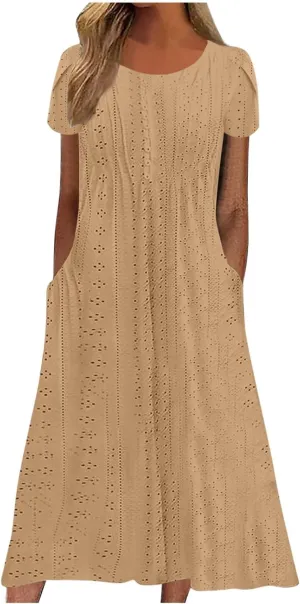Women Summer Eyelet Dress Casual Petal Short Sleeve Crew Neck Maxi Dresses Loose Tunic Sun Dress with Pockets